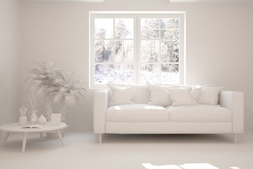 White stylish minimalist room in grey color with sofa and winter landscape in window. Scandinavian interior design. 3D illustration