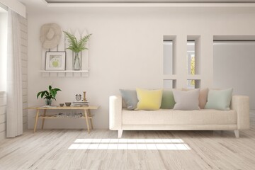 Fototapeta na wymiar White stylish minimalist room with sofa. Scandinavian interior design. 3D illustration