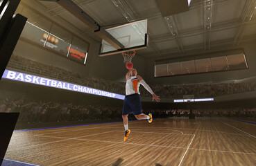 Basketball players on big professional arena during the game.