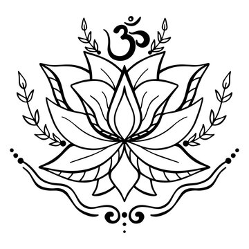 Vector black and white illustration of lotus flower and om ohm aum symbol isolated on white background. Yoga, meditation, relaxation.