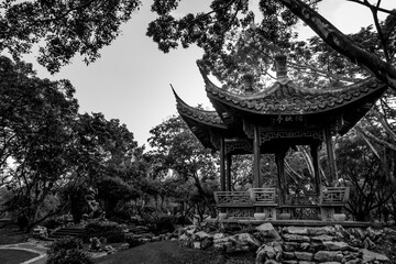Black and white vintage Chinese Pavilion.