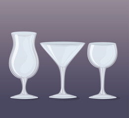 mockup, transparent glasses empty, cups of wine and cocktails vector illustration design