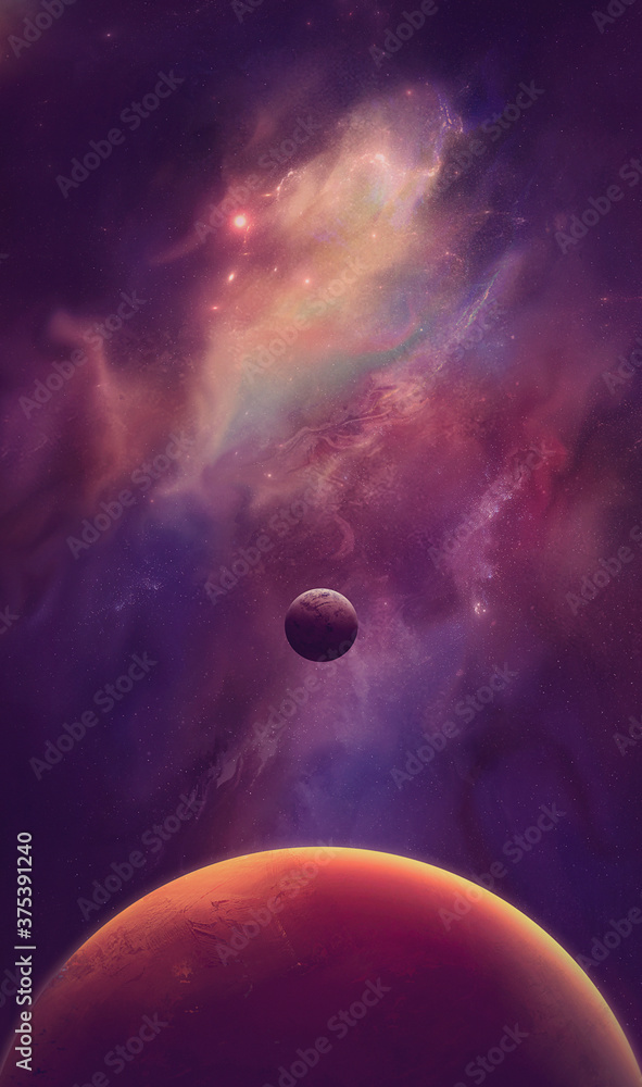 Wall mural two planets against the background of the nebula