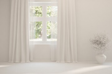 White stylish empty room with summer landscape in window. Scandinavian interior design. 3D illustration