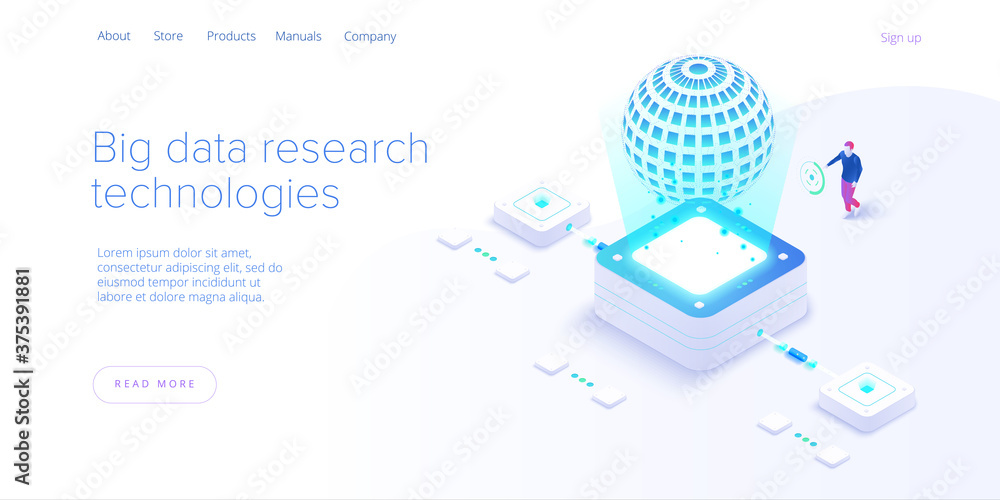 Poster big data technology in isometric vector illustration. information storage and analysis system. digit