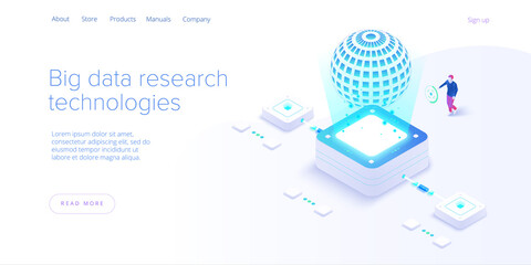 Big data technology in isometric vector illustration. Information storage and analysis system. Digital technology website landing page template.