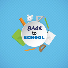 Back to school vector banner design with colorful school supplies, educational elements and space for text. Vector illustration.