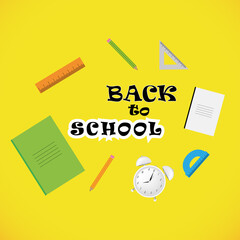 Back to school vector banner design with colorful school supplies, educational elements and space for text. Vector illustration.