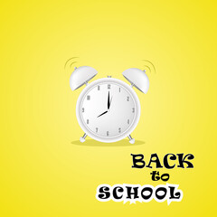 Back to school vector banner design with alarm clock on yellow background, abstract template design with space for text. Vector illustration.