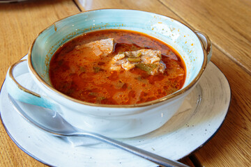 Traditional Georgian soup Kharcho with meat and rice