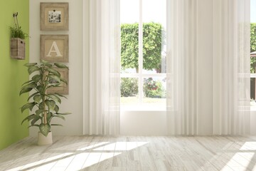 White stylish empty room with summer landscape in window. Scandinavian interior design. 3D illustration