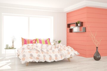 White stylish minimalist bedroom. Scandinavian interior design. 3D illustration