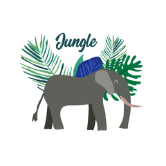 
Jungle elephant with tropical leaves. Vector.