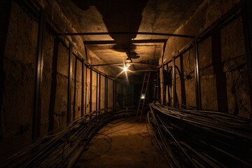 Dark concrete cable tunnel is illuminated by a tungsten lamp.