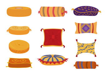Colorful decorative pillows isolated on white. Cushions for moroccan, arab or indian interior design. Vector set in cartoon style.