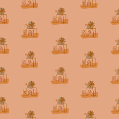 Seamless pattern with palm trees and houses. African landscape. Vector illustration