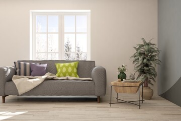 White stylish minimalist room with sofa. Scandinavian interior design. 3D illustration