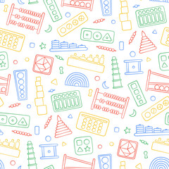 Hand drawn kid toys for Montessori games. Education logic toys for preschool children. Montessori system for early childhood development. Seamless pattern in doodle style on white background
