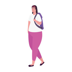 tourist woman with backpack on white background vector illustration design