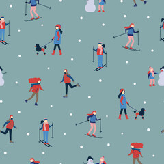 Fototapeta na wymiar Seamless winter pattern with people. Holiday outdoor activities.