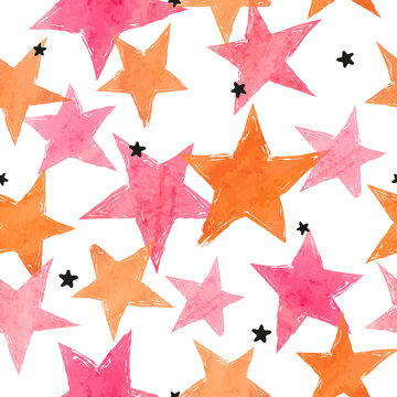Seamless stars pattern. Vector background with watercolor pink and orange stars.