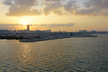 Sunset view of the bay and the old skyline in Doha, Qatar