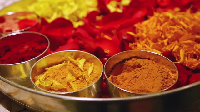 Vermilion for welcoming guests in India. Applied on forehead along with shower of petals on head.