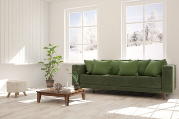 White stylish minimalist room with sofa and winter landscape in window. Scandinavian interior design. 3D illustration