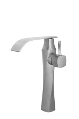 Glossy metallic faucet on white background