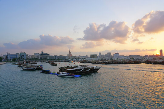 Sunset view of the bay and the old skyline in Doha, Qatar