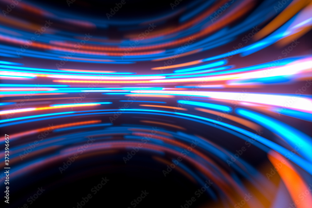 Poster glowing round illuminated lines in the dark round room, 3d rendering.