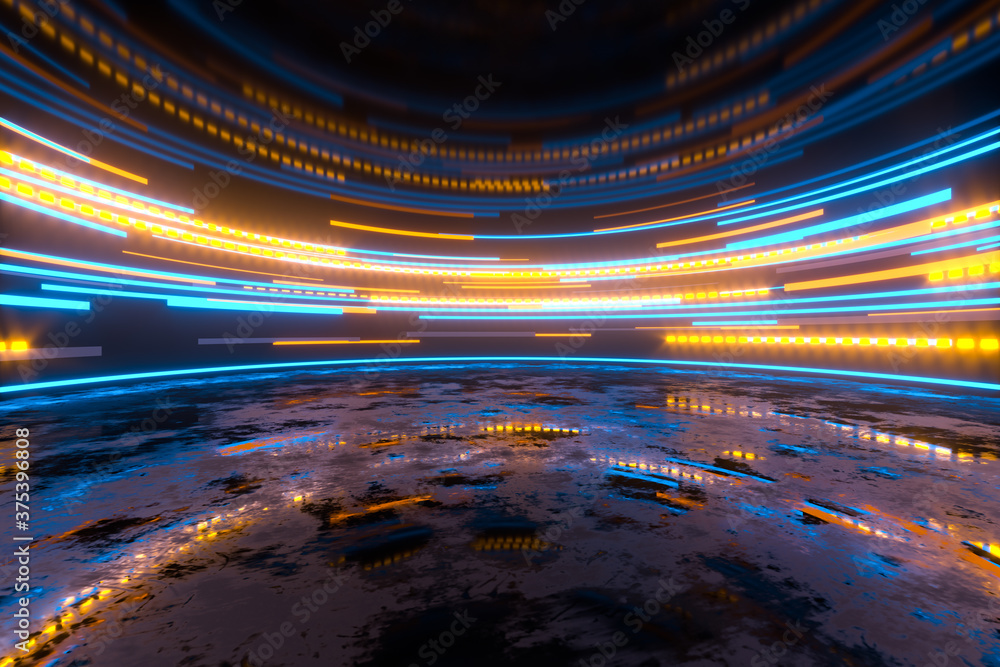 Poster glowing round illuminated lines in the dark round room, 3d rendering.