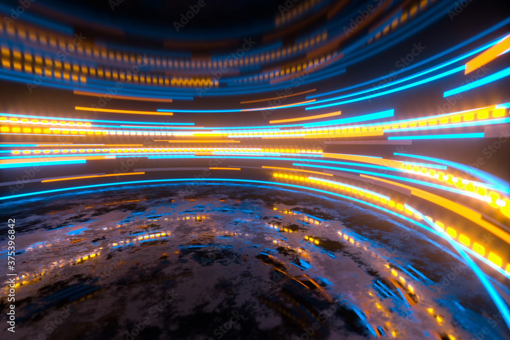 Poster glowing round illuminated lines in the dark round room, 3d rendering.