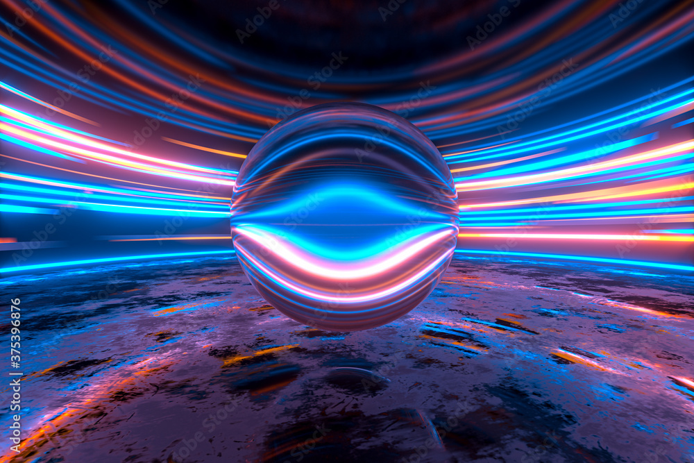 Poster glowing round illuminated lines in the dark round room, 3d rendering.