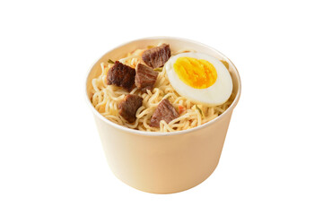 Paper cup with instant ramen noodles with beef and vegetables.