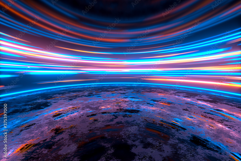 Poster glowing round illuminated lines in the dark round room, 3d rendering.