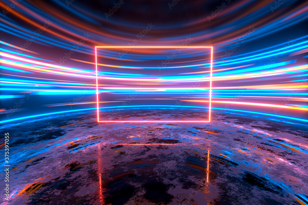 Poster glowing round illuminated lines in the dark round room, 3d rendering.