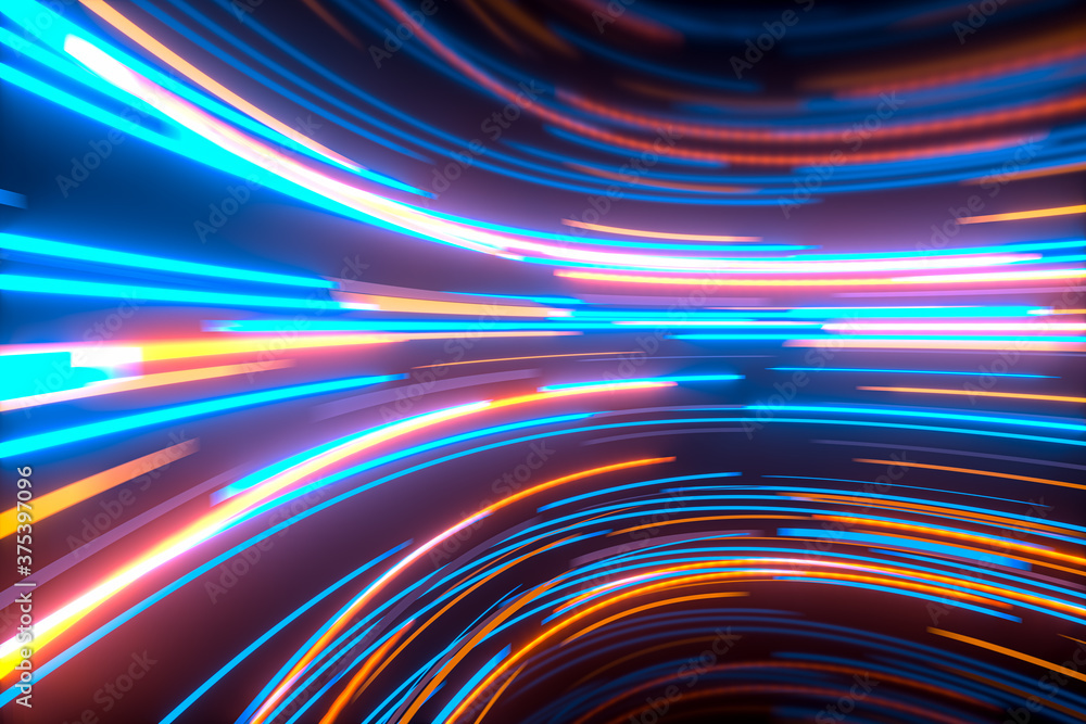 Poster glowing round illuminated lines in the dark round room, 3d rendering.