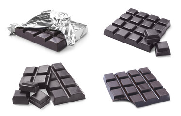 Set with delicious dark chocolate bars on white background