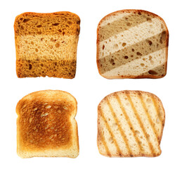 Set with toasted slices of wheat bread on white background, top view