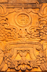 Fototapeta na wymiar Ruins of the Jesuit reduction San Ignacio Mini, Detail of the Church gate, Misiones Province, Argentina, South America.
