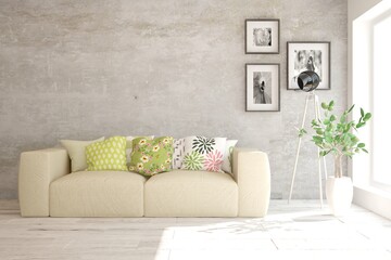 White stylish minimalist room with sofa. Scandinavian interior design. 3D illustration