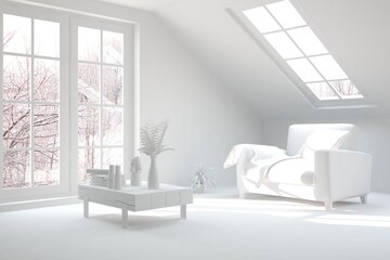 White stylish minimalist room with armchair and winter landscape in window. Scandinavian interior design. 3D illustration
