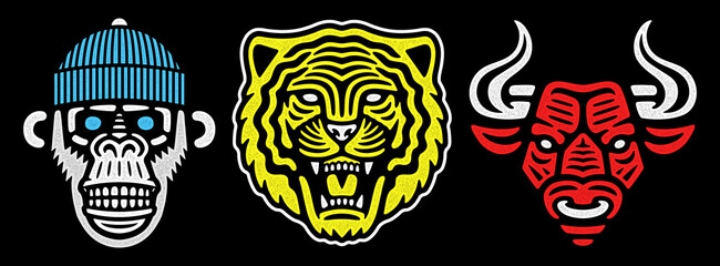 Roaring tiger poster. Vintage bull head. Retro monkey design.