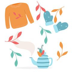 Set with pullover, twig, gloves, teapot, leaves in Scandinavian style. Folk art. Vector.