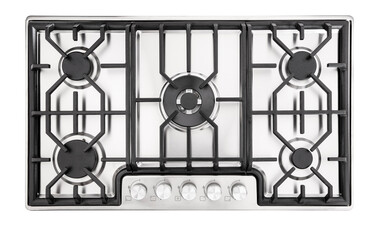 Steel stove on white background.top view