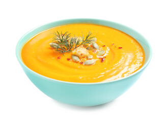 Tasty creamy pumpkin soup in bowl on white background