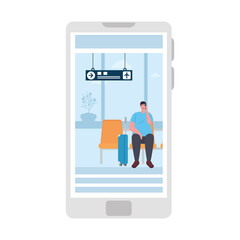 tourist man with luggage sitting airport in smartphone, app online travel vector illustration design