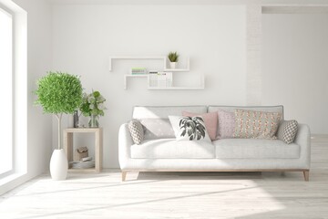 White stylish minimalist room with sofa. Scandinavian interior design. 3D illustration