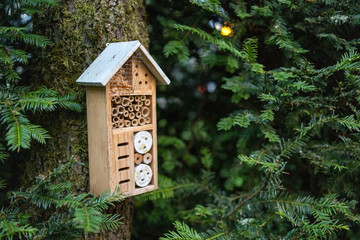 Insect hotel on the tree in garden 
